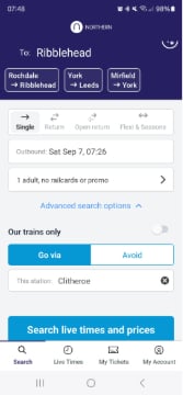 The Northern app showing a search for trains to Ribblehead