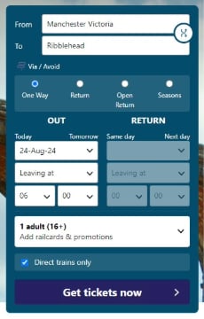 Northern website showing train ticket search for Manchester Victoria to Ribblehead