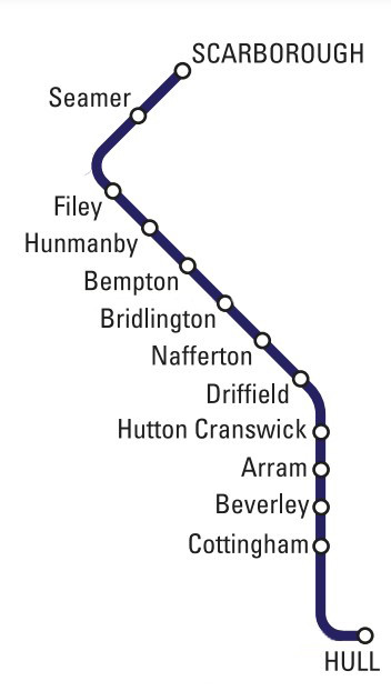 Route showing stations between Scarborough and Hull