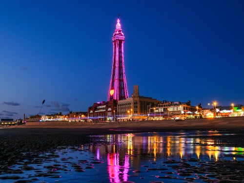 Blackpool Tower illuminated pink at night