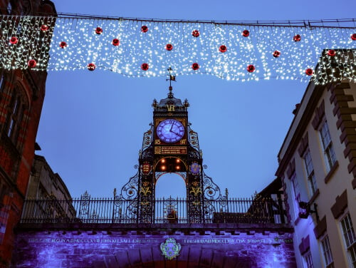 Christmas lights hanging in the streets of Chester