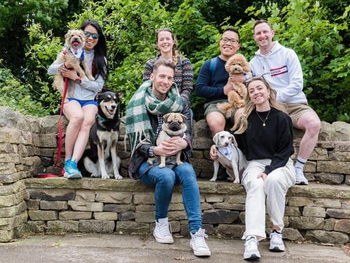 A group of six adults holding dogs and smiling at the camera