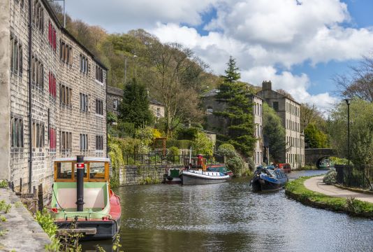 River in Hebden Bridge with Canal Boats