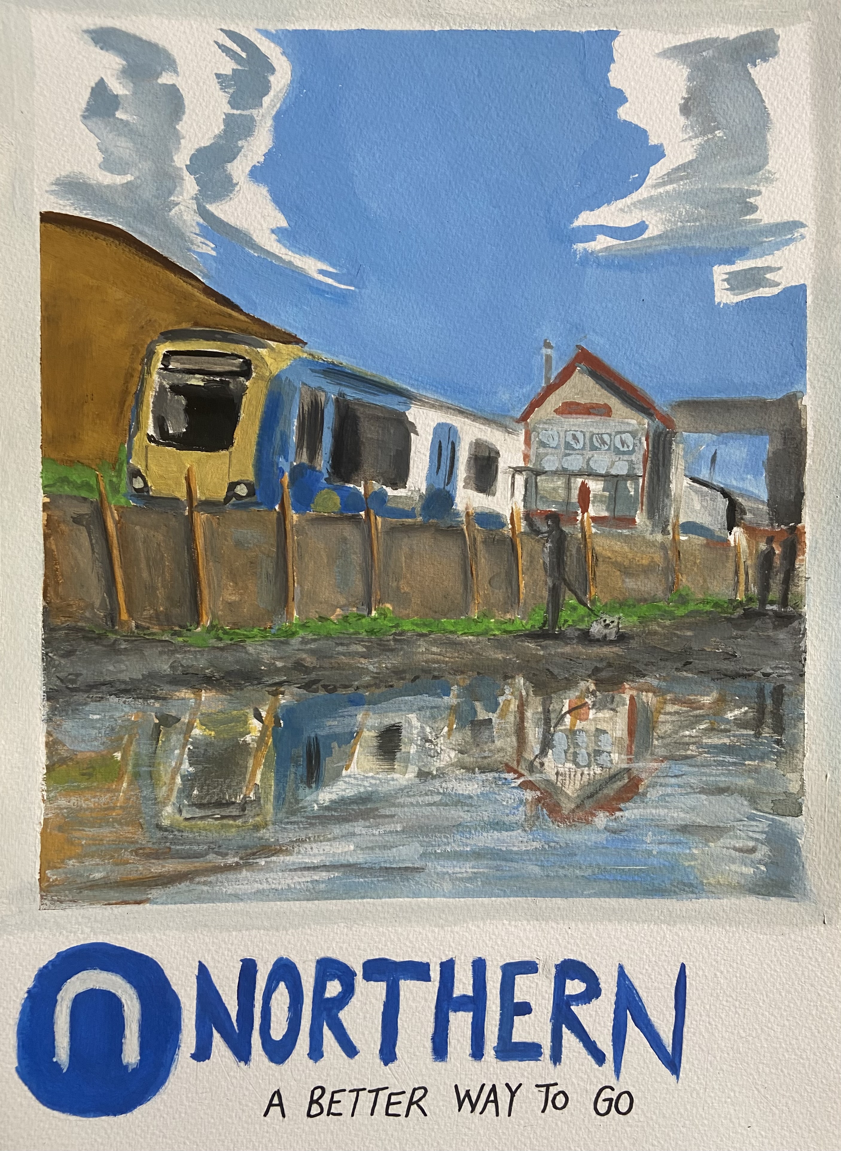 Painting showing a scenic view of a station in the country with a northern train.