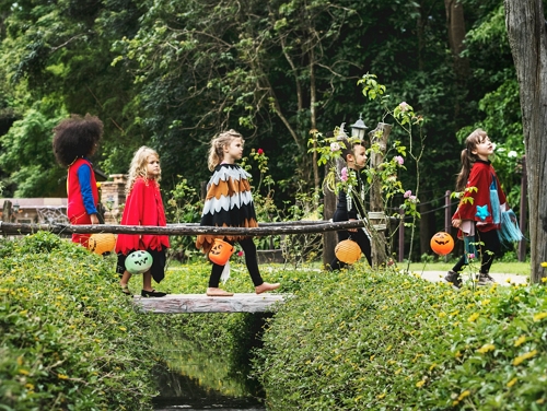 Five children in fancy dress carrying pumpkin buckets walking through the park