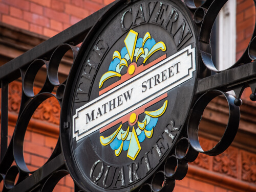 A close up of a sign for Matthew street in the Cavern Quarter of liverpool.