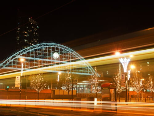 Manchester bridge illuminated at night