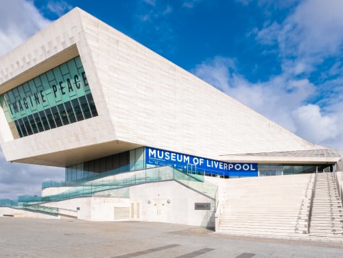 The museum of Liverpool from the outside with the staircase and ramp showing.