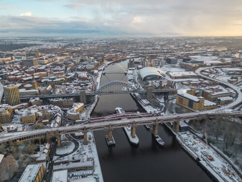 Newcastle city centre from a birds eye view whilst there is snow on the ground