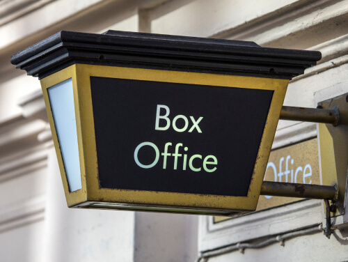 A sign that says "box office" on it. The sign is attached the wall by two spokes.