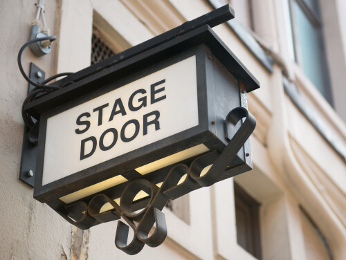 A "stage door" sign attached to a wall, the sign is lit up by a light inside it.