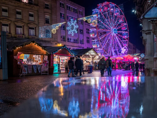 Sheffield Christmas market illuminated at night