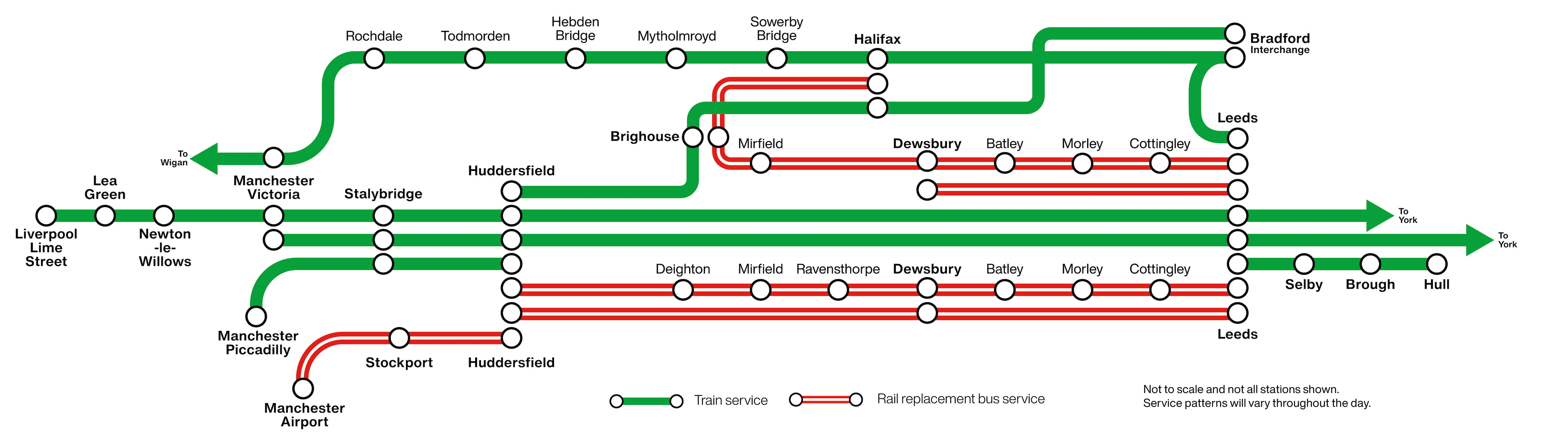 Route map showing which routes will be running as replacement buses.