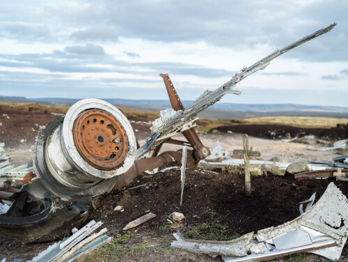 Closeup of debris at the Bleaklow Bomber Crash Site in Manchester