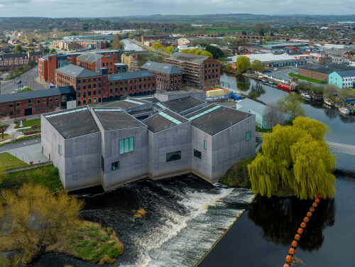 An aerial view of the Hepworth in Wakefield on a cloudy day