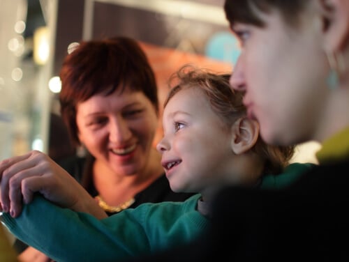 Close-up of two women's faces beside a child's face looking at something at a museum behind glass