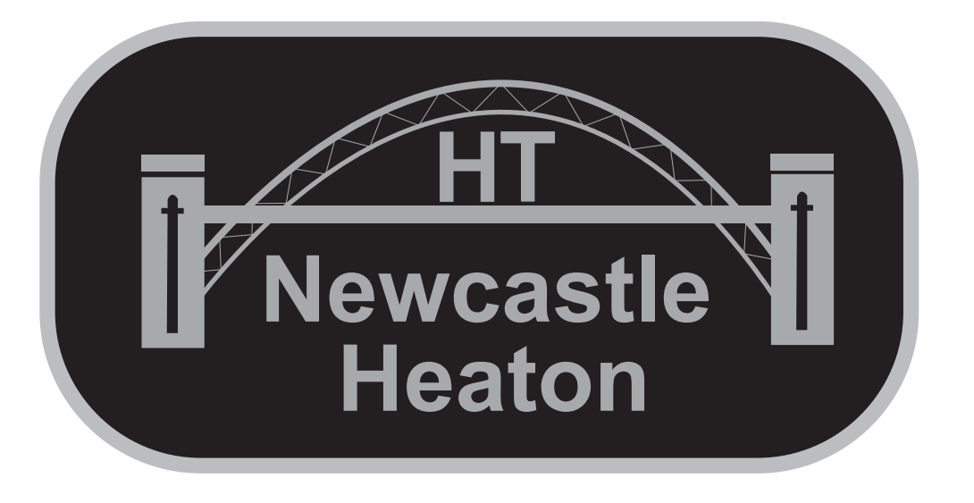 Black badge with an illustration of a steel bridge. Within the bade there is text saying HT Newcastle Heaton