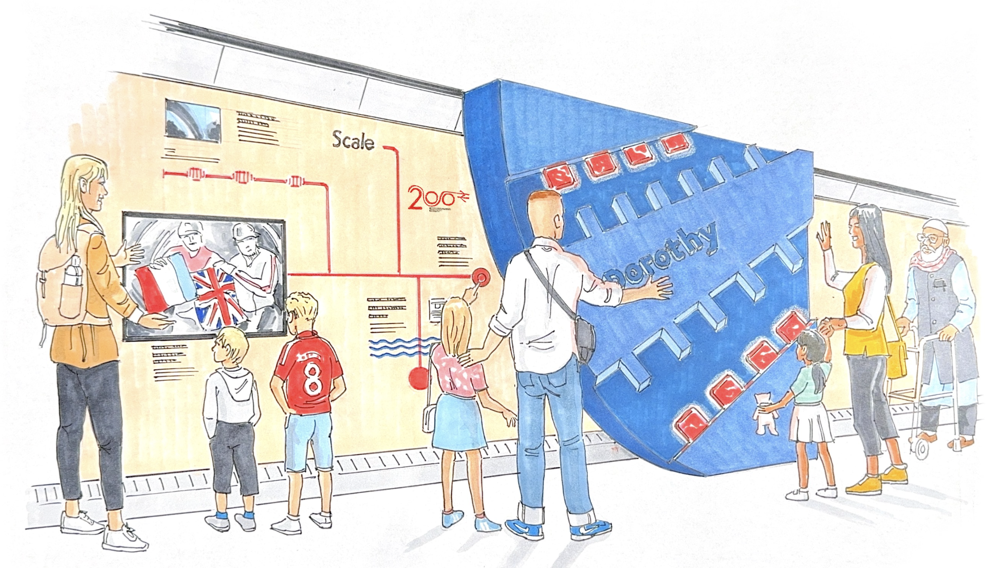 An illustrative drawing of what inside one of the exhibition train carriages would look like showing interactive walls with railway themes.