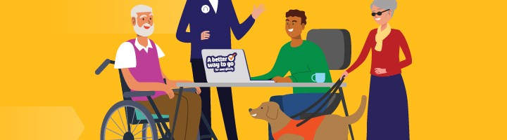 A blind person with a guide dog and a wheelchair user at a desk with two Northern trains employees