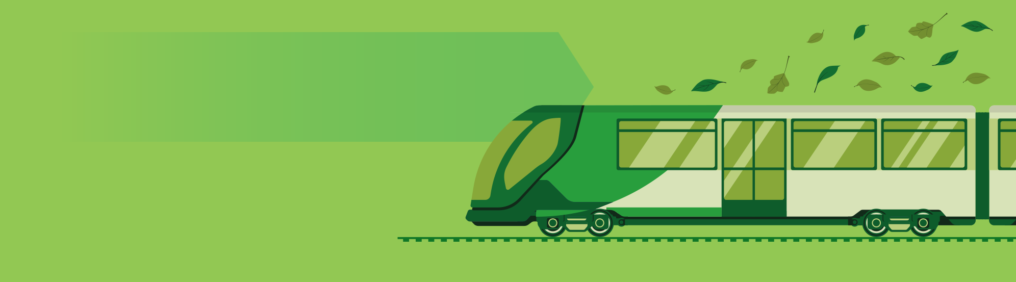 An illustration of a Northern train in green, with green leaves following the train